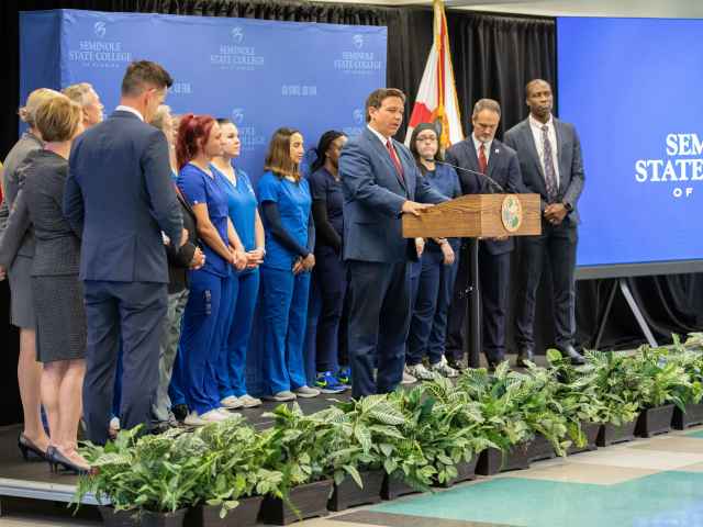 Gov. Ron DeSantis speaks at Seminole State's Sanford/Lake Mary Campus on Monday, May 16, to announce $125 million in funding for nursing education in Florida.