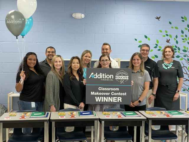 All smiles with Addition Financial staff, Seminole State interns, and Markhamwoods Middle school teacher in the newly decorated classroom