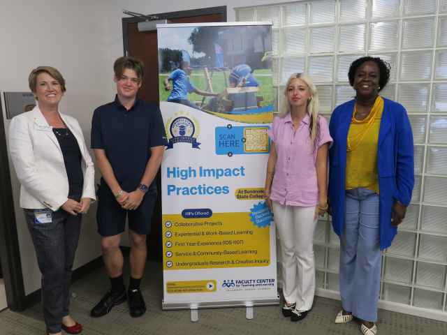 Seminole State President Dr. Georgia Lorenz (left) and VP of Academic Affairs Dr. Loretta Ovueraye (right) recognized winners in the 2025 HIPs Student Showcase.