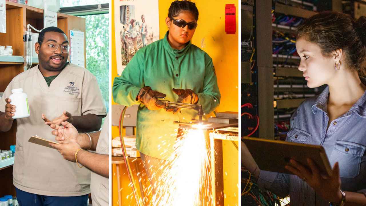 Three photos side by side. A pharmacy technician student, a welder and an IT student.