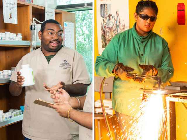 Three photos side by side. A pharmacy technician student, a welder and an IT student.
