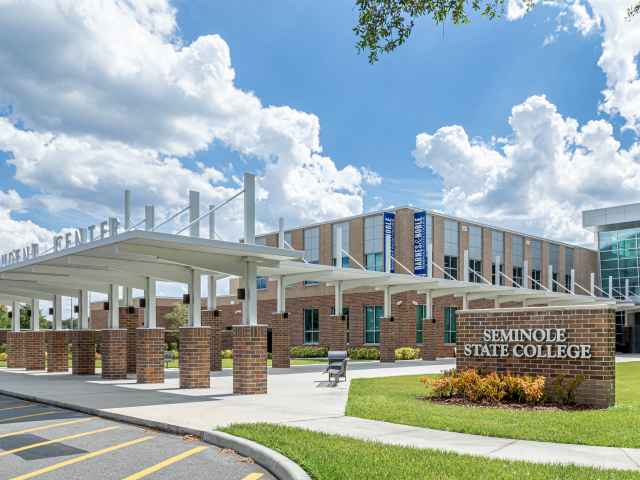 Daytime outdoor campus photo at SC building entrance