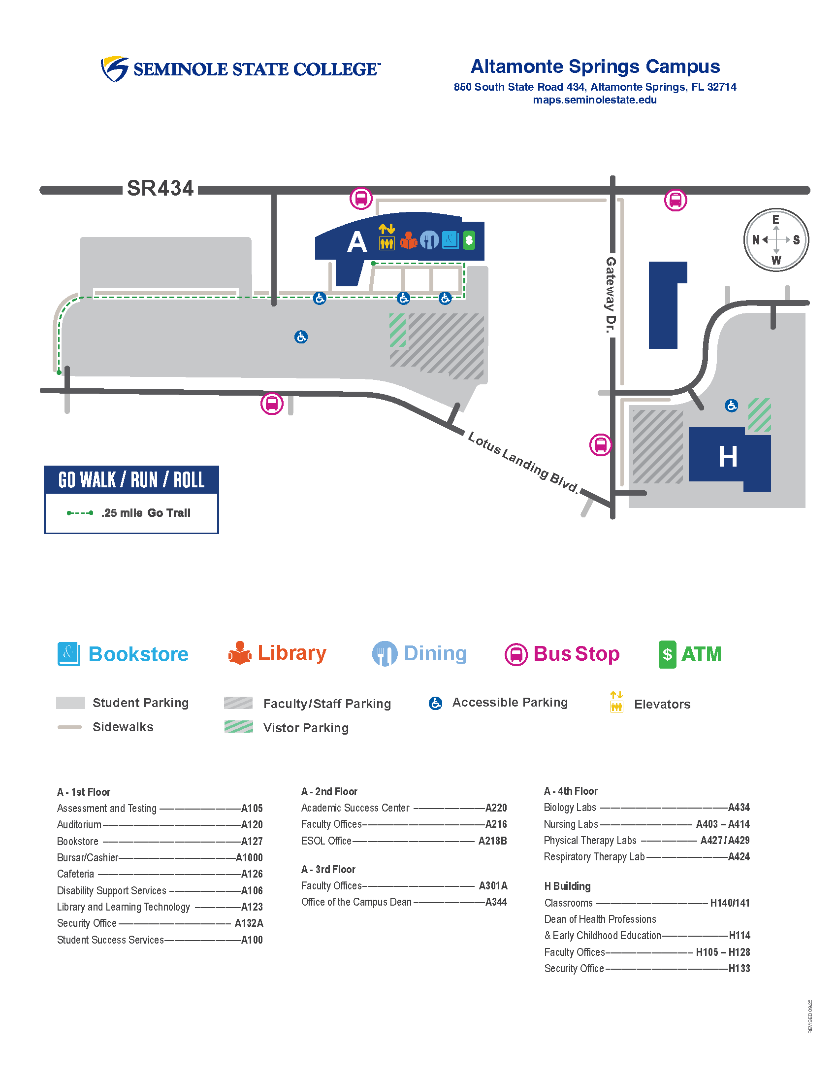 Seminole STate College Altamonte Spring Campus map showing locations of bookstore, library, dining, bus stop, ATM, A-building first, second, third, and fourth floor offices and H-building.