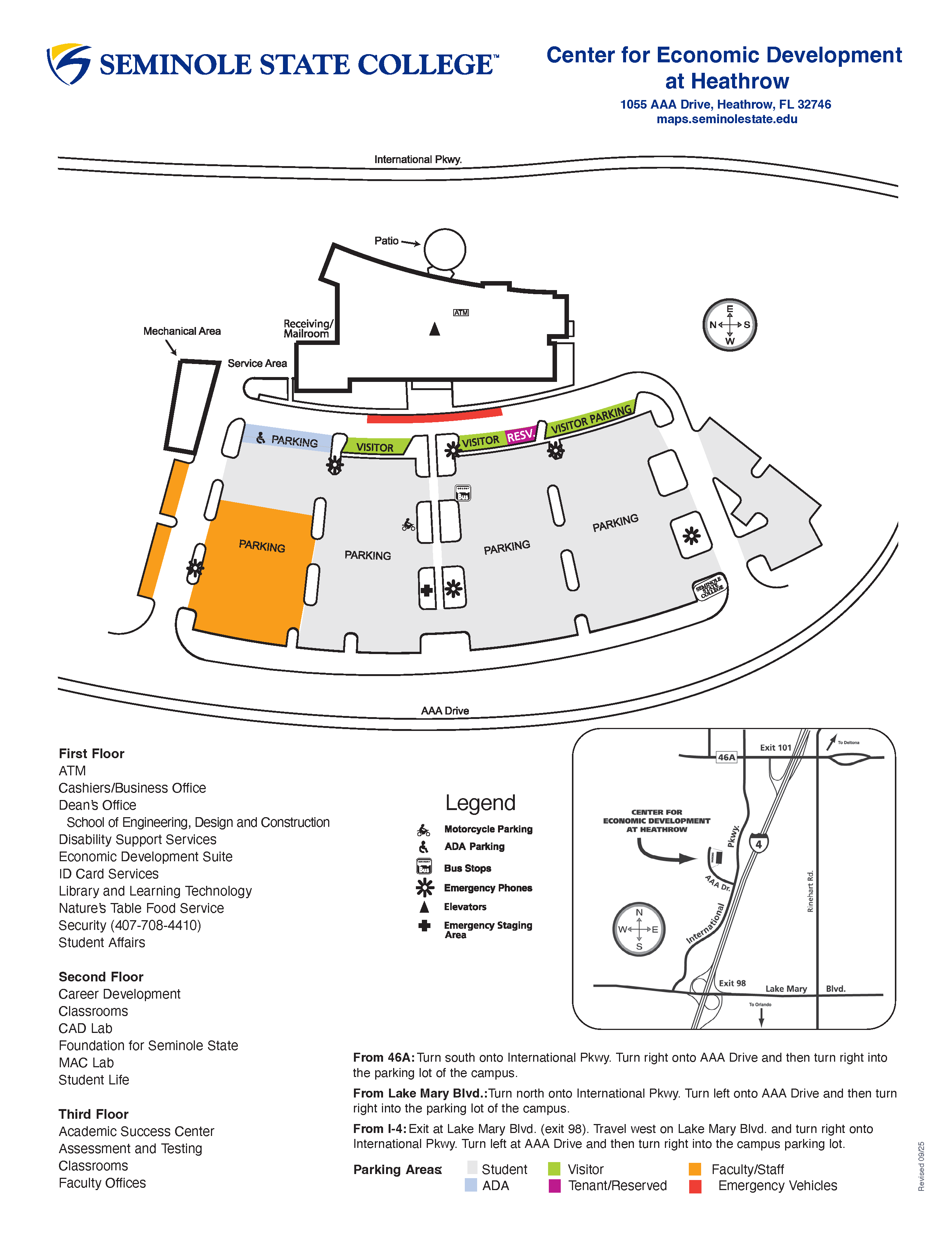 Seminole State College Center for Economic Development at Heathrow campus map, showing first, second and third floor office locations and indicating vistor, student, ADA, tenant/reserved, faculty/staff and emergency vehicles parking.