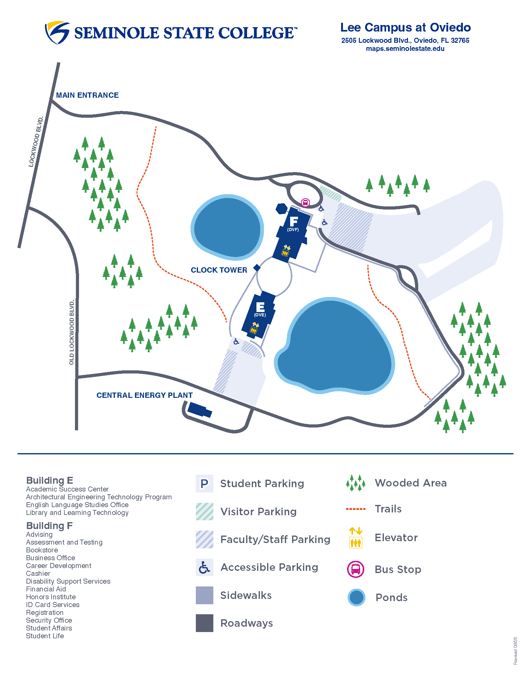 Seminole State College of Florida Lee Campus at Oviedo map, showing Building E and F office locations, with student parking, visitor parking, faculty/staff parking, accessible parking, sidewalks, roadways, wooded areas, trails, elevator, bus stop and ponds indicated on map.