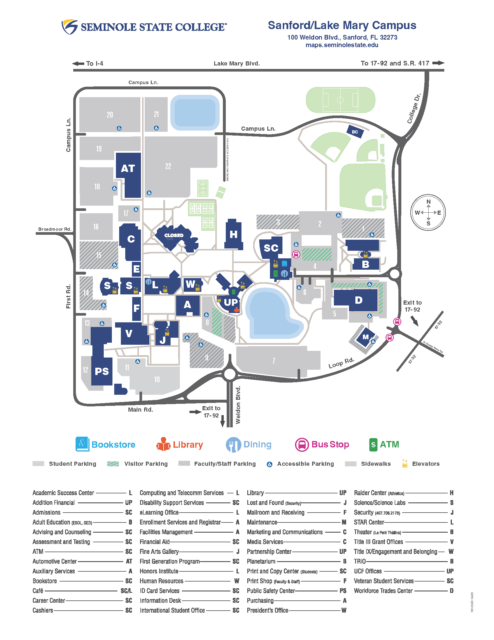 Seminole State College Map of Sanford/Lake Mary Campus, indicating all campus buildings with office and department locations as well student, visitor, faculty/staff, accessible parking, sidewalks and elevators.