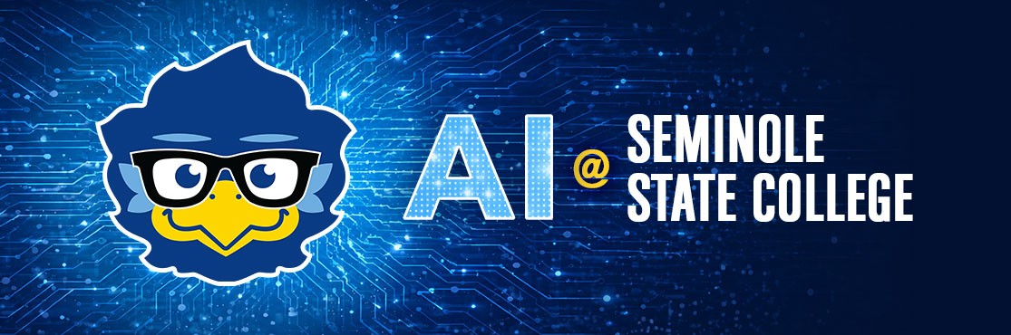 Rally wearing black glasses on a dark gradient blue background with AI at Seminole State College in light blue, white, and gold font.