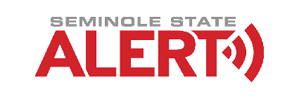 Seminole State Alert in gray and red font with a red sound icon to the right of College name and the word 'alert'.