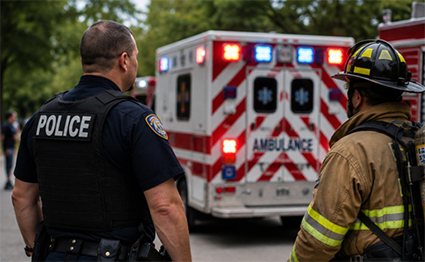 A police officer and fire figher standing behind an ambulance