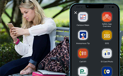 A female student is looking at her mobile phone and picture of the Seminole State Safe app user interface is showing to the right of the image