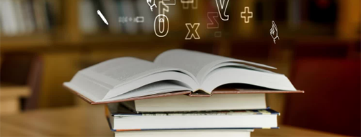 books sitting on a table in a library, with shelves in the background, and various numbers and letters in white font floating over the open books