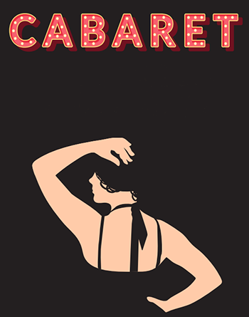 Cabaret in red, yellow-outlined , polka-dotted font, with a lady wearing a black outfit and holding one hand on her head on a black background
