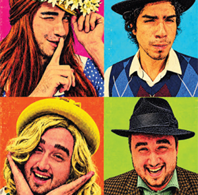 Collage of 2 men actors, dressed as men and pretending to be a women in two images by wearing a ladies' hats and wigs