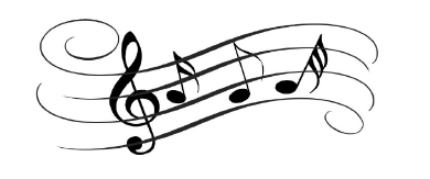 black music notes and treble clef on a staff on a white background. 