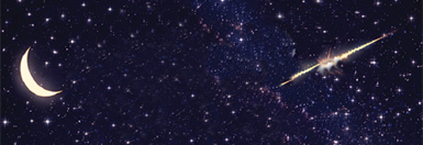 The dark night sky with stars, crescent yellow moon, and yellow comet.