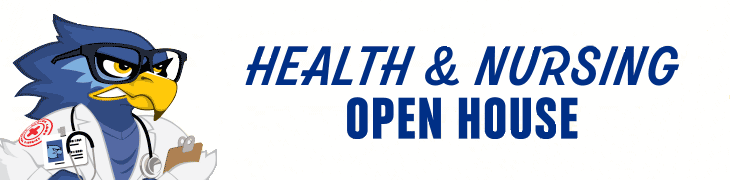 Rally Raider wearing black glasses, holding a clipboard, and wearing a white doctor uniform and in blue font on a white background reads 'Health & Nursing Open House'