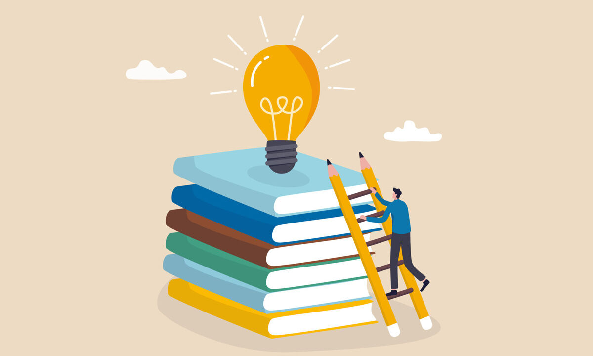 A stack of books with a light bulb at the top.