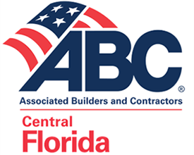 ABC Associated Builders and Contractors Central Florida logo in blue and red font with an American flag at the top of the company nanme.