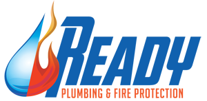 Ready Commerical Plumbing & Fire Protection logo with 'Ready' in blue font and 'Plumbing & Fire Protection' in orange font with a blue and orange fire flame to the left of the company name.