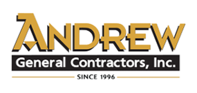 Company logo that reads 'Andrew General Contractors, Inc. since 1996'. The name 'Andrew' is showing in capital gold letter font with the words 'General Contractors, Inc.' underneath in white font in a black box. Underneath the company name is reads  'since 1996' in small black font with a gold line on either side of the phrase.