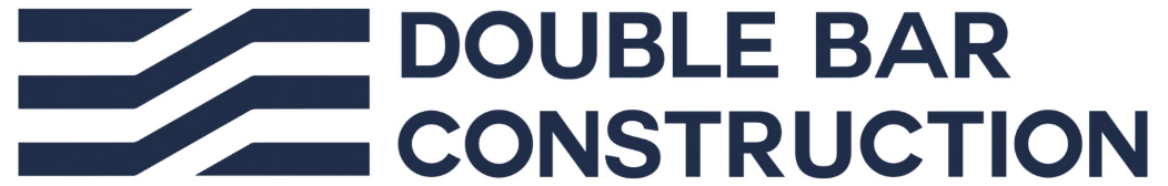 Double Bar Construction Logo that reads 'Double Bar Construction' in dark blue font on a white background with four dark blue rectangle and diagonal lines to the left of the name of company.