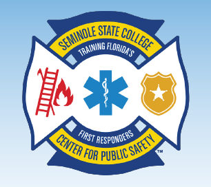 Seminole State College Center for Public Safety, Training Florida's First Responders, on a blue, yellow and white shield, with red ladder and fire, blue cross with white needle, and gold badge with white star logo