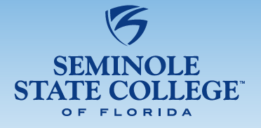 Seminole State College of Florida and blue shield logo in blue font on a light blue background
