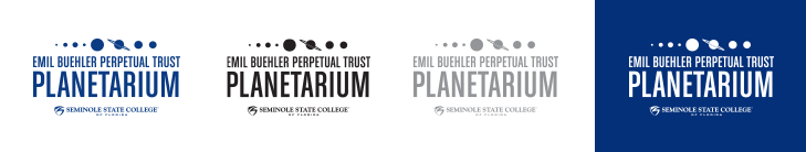 Emil Buehler Perpetual Trust Planetarium Seminole State College of Florida logos in four different color variations of dark blue, black, and light gray on a white background and white font on a dark blue background.