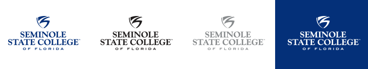 Seminole State College of Florida college name and logo shown horizontally in a row four times in royal blue, black, gray and white font. The white font college name and logo are shown on a royal blue background.