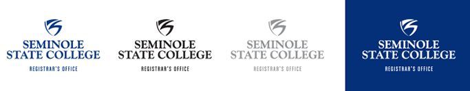 Three versions of the Seminole State College with shield logo and Registrar's Office shown in dark blue font, black font, gray font on a white background, and another version shown in white font on a dark blue background.