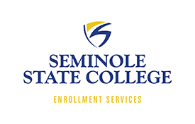Seminole State College Enrollment Services in blue and gold font with shield logo.