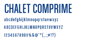 Chalet Comprime abcdefghijklmnopqrstuvwxyz ABCDEFGHIJKLMNOPQRSTUVWXYZ 1234567890$%@'*(,.;#!?) in blue font