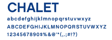 CHALET abcdefghijklmnopqrstuvwzyz ABCDEFGHIJKLMNOPQRSTUVWXYZ 1234567890$%@'*(,.:#!?) in blue font