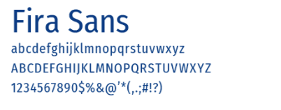 Fira Sans abcdefghijklmnopqrstuvwxyz ABCDEFGHIJKLMNOPQRSTUVWXYZ 1234567890$%&@'*(,.#!?)