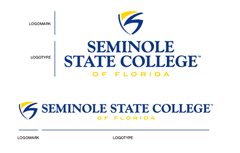 Seminole State College of Florida vertical and horizontal College logos with shield in blue and yellow font showing the words logomark and logotype in black font referencing position of logo and shield on image