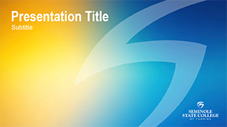 Blue and Yellow Gradient background with Seminole State College in white font with a white gradient zigzag design from the college shield logo on right hand side of the image.