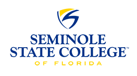 Seminole State College of Florida college logo with shield in blue and yellow font on a white background .