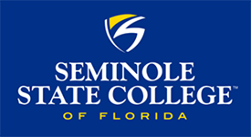 Seminole State College of Florida college logo with shield in white and yellow font on a blue background .