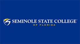 Seminole State College of Florida with shield logo in blue and yellow font on a royal blue background
