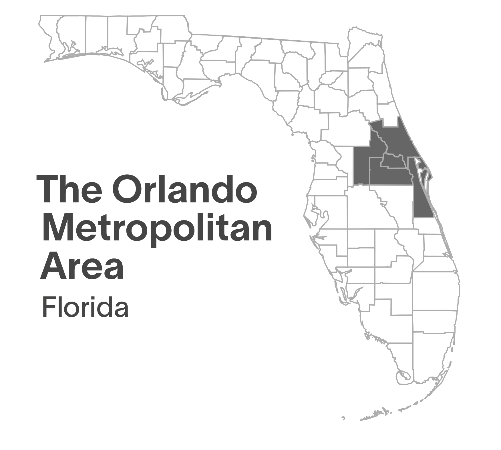 Map of Florida with the Orlando metropolitan area highlighted, with text reading - The Orlando Metropolitan Area - Florida