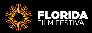 Florida Film Festival in white font on a black background with an orange, yellow, and red sun star shape symbol