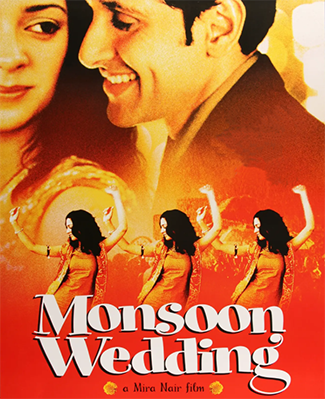 Monsoon Wedding movie poster, showing a lady and man on an orange-colored background and the same lady (3 images) dancing, and reads 'Wedding Monsoon' in white font with 'A Mira Nair film' in black font.