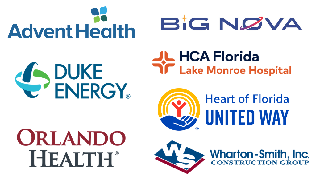 Logos for AdventHealth, Big Nova, Duke Energy, HCA Florida Lake Monroe, Heart of Florida United Way, Orlando Health, and Wharton-Smith