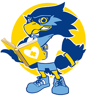 Seminole State mascot Rally Raider holding a yellow book