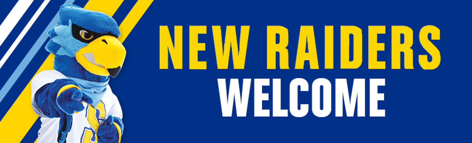 Seminole State mascot Rally Raider next to New Raiders Welcome