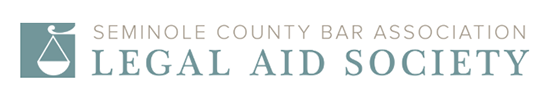Seminole County Bar Association Legal Aid Society in gray and light green font with a white legal scale on a light green background to the left of the organization's name