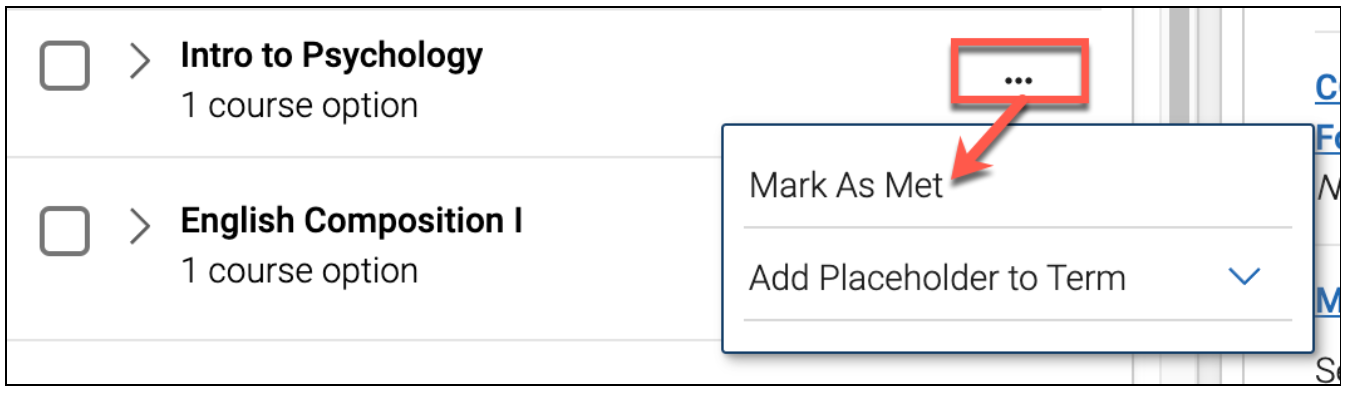 Red outlined rectangle surrounding 3 black dots with a red arrow pointing to 'Mark as Met' on a Navigate software app screen.