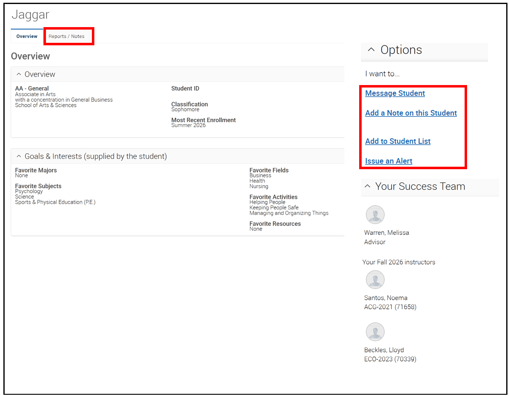 student profile from professor view