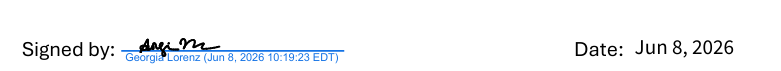 Dr Georgia Lorenz's signature Jun 8, 2026 10:19:23 EDT, Date: Jun 8, 2003 in blue and black font