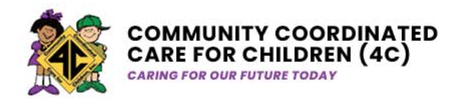 'Community Coordinated Care for Children (4C) Caring for our Future Today' in black and purple font with two children figures holding a yellow diamond-shaped sign with '4C' in the center